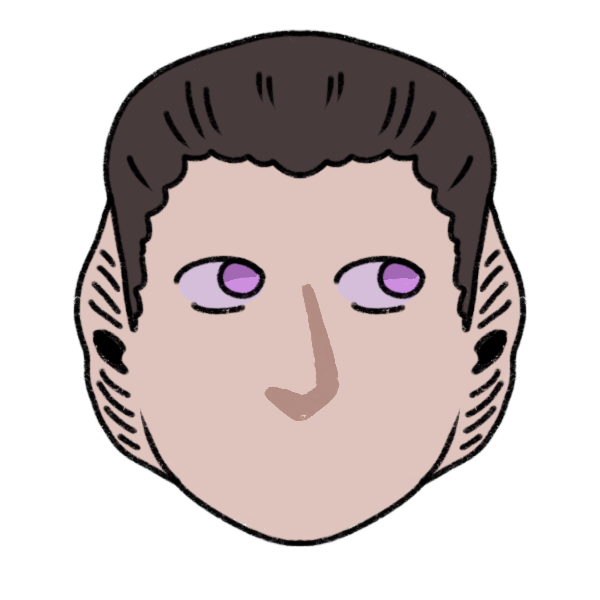 a mostly featureless Vorta head. They have pale skin, dark swept back hair, purple eyes, and ears that extend down their jaw and up their temples. 